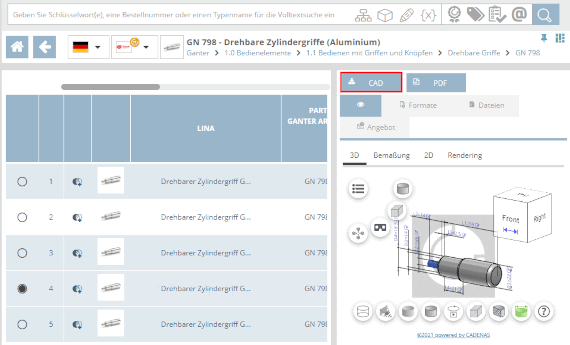 Pulsante "CAD" (esempio portale OEM)