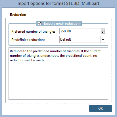 Der neue Modus wird bei allen Import-Dialogen für STL verwendet, beispielsweise unter Part comparison -> Tabular Compare -> Open 3D file....