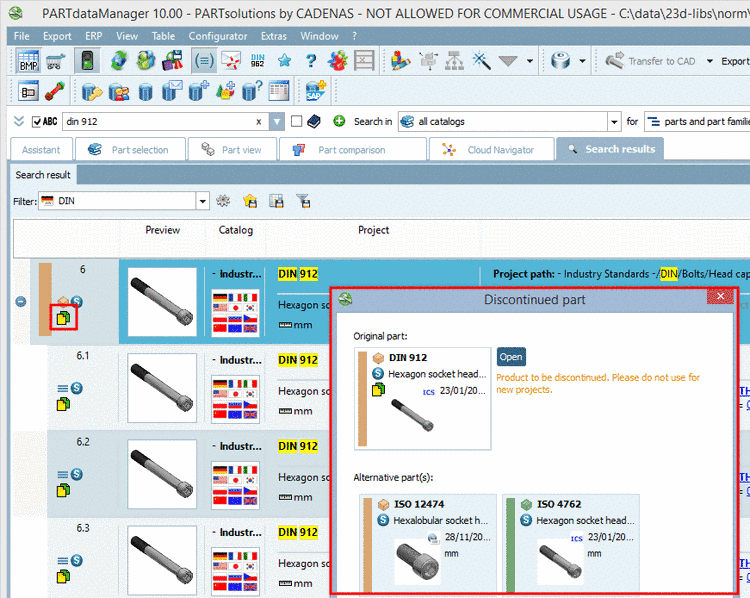 "Discontinued part" dialog box