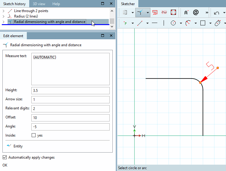 Dimensione radiale con angolo e distanza [Radial dimensioning with angle and distance]
