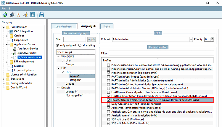 PARTadmin > Categoria PARTsolutions > Application Server > Gestione dei diritti [Rights administration] > Assegnazione dei diritti [Assign rights] > Profili [Profiles]