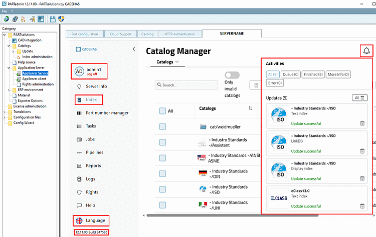 PARTapplicationServer Dashboard: La figura mostra un esempio della selezione "Indice".