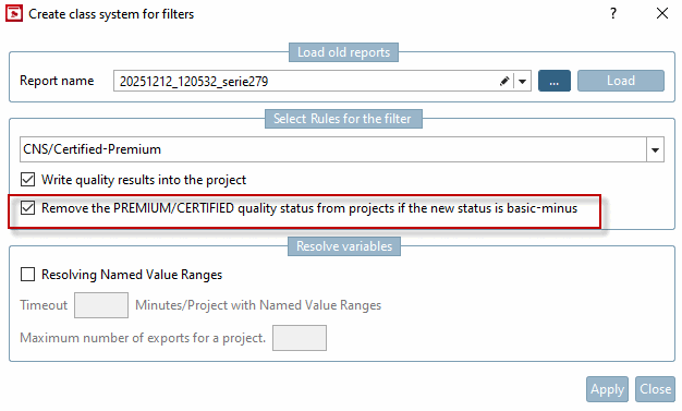 Dialogo "Creare un sistema di classi per i filtri [Create class system for filters]"