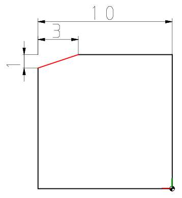 Esempio in 2D: smusso [Chamfer] con impostazione "Distanza 1 [Distance 1]" = 3 e "Distanza 2 [Distance 2]" = 1 con una lunghezza totale degli spigoli del cubo pari a 10