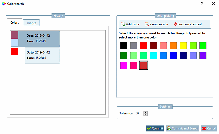 Ricerca dei colori [Color Search]: pagina della scheda Colori [Colors]