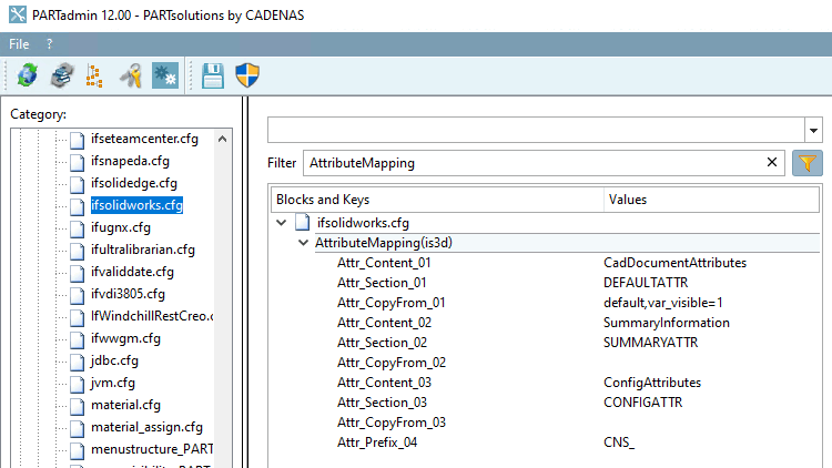 PARTadmin -> Categoria [Category] -> PARTsolutions -> File di configurazione [Configuration files] -> CADENAS_SETUP -> if<cadname>.cfg: Fig. esemplare per SolidWorks