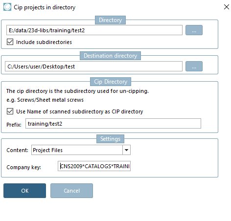 Finestra di dialogo: Cipping dei progetti nella directory [Cip projects in directory]