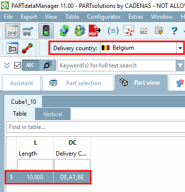 Paese di consegna "Belgio": viene visualizzata solo una riga.