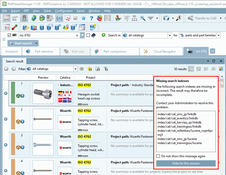 Message "Missing search indexes" in PARTdataManager