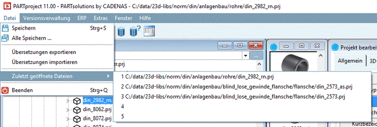 Example: "Recent parts" menu item, which has submenus