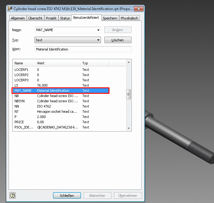 Inventor iProperties -> Tabbed page "Custom" -> MAT_NAME
