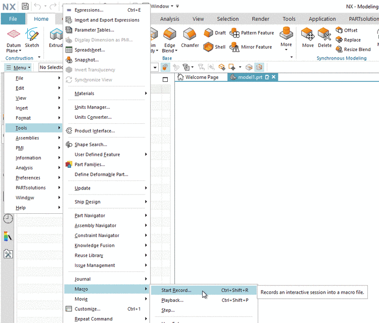 Menu -> Tools -> Macro -> Start Record...
