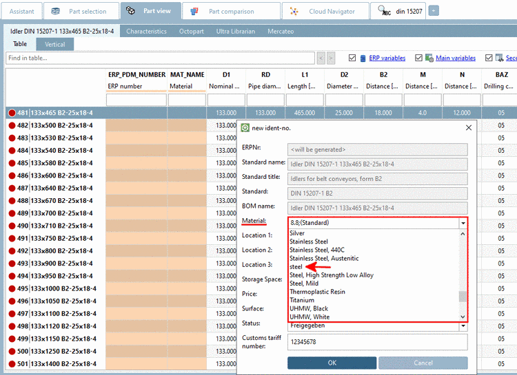 PARTdataManager: Material selection