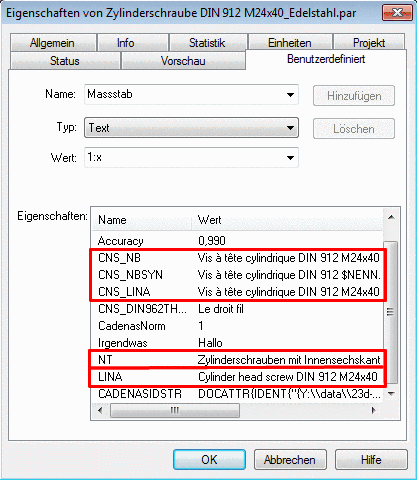 French version for standard attributes (block "AttributeMapping(is3d"); German for the user-defined attributes (block "CadDocumentAttributes" )and English for the user-define attributes with explicit language specification (special entry in configuration file)