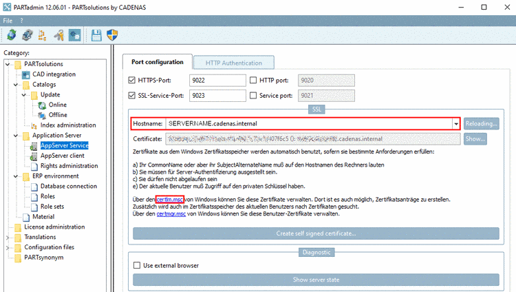 PARTadmin > category "AppServer Service" > tabbed page "Port configuration"
