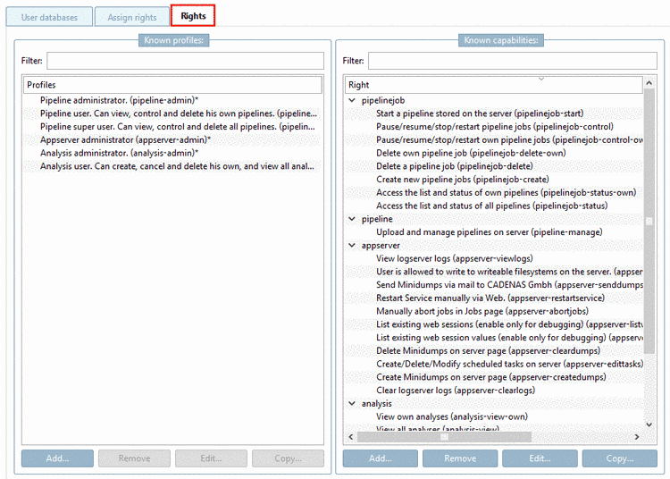 Tabbed page "Rights"