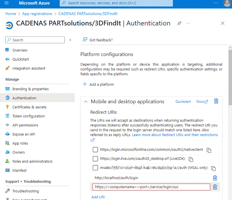 Microsoft Azure "Authentication" -> "Mobile and desktop applications"