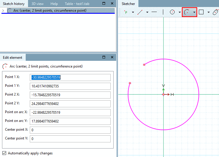 Arc (center, 2 limit points, circumference point): Result