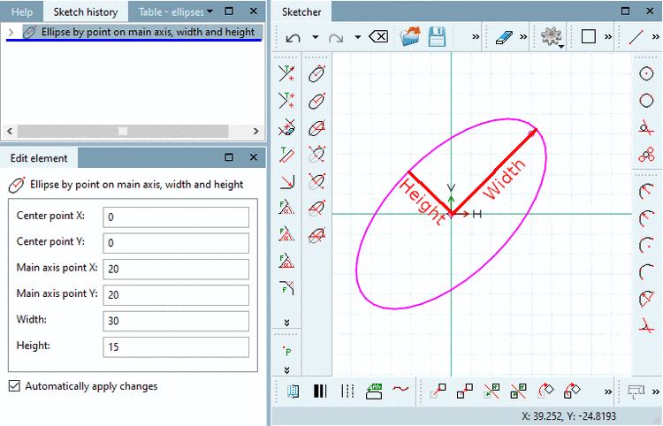 Ellipse: Definition of size via width and height statement