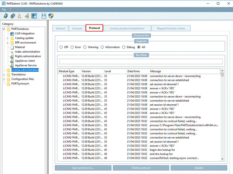 "Protocol" tabbed page
