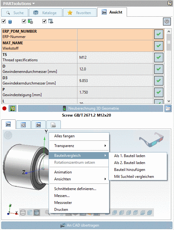 Characteristic attribute table exemplarily in PARTdataManager