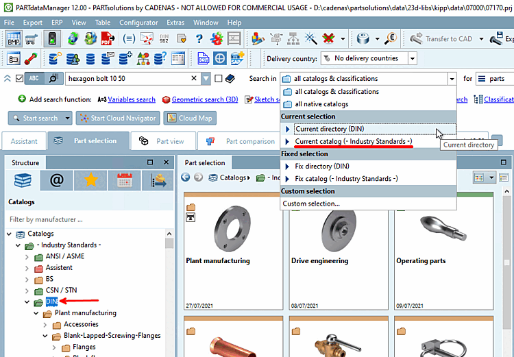 In questo esempio, il valore alla voce "Ricerca in [Search in]" dell'albero degli indici rimarrebbe invariato a "Standard" quando si passa da DIN a ISO.