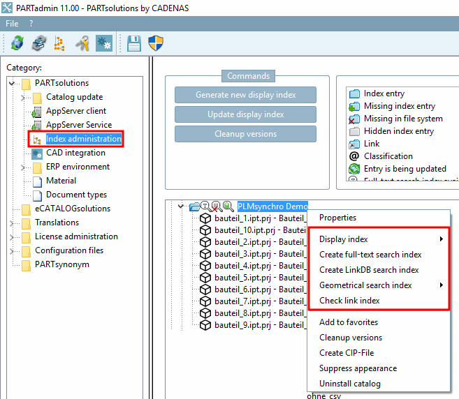 PARTADMIN -> Gestione indici [Index administration] -> Comandi del menu contestuale sul catalogo creato