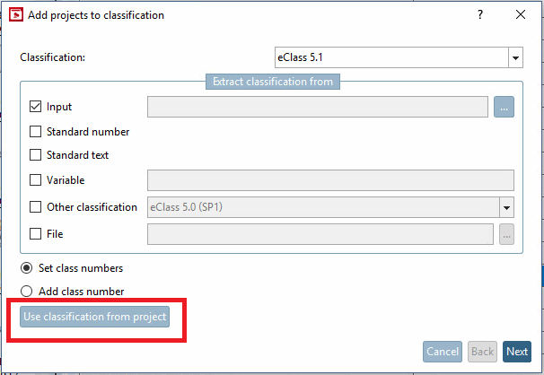 Adottare la classificazione del progetto [Use classification from project]
