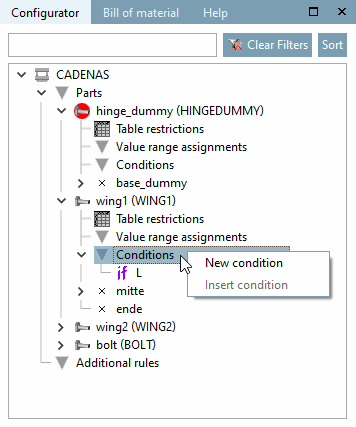PARTdesigner > Finestra di aggancio "Configuratore [Configurator]" > "Condizioni [Conditions]" > "Nuova condizione [New condition]".