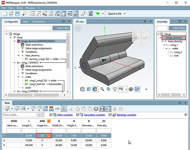 Cerniera aperta a 45°