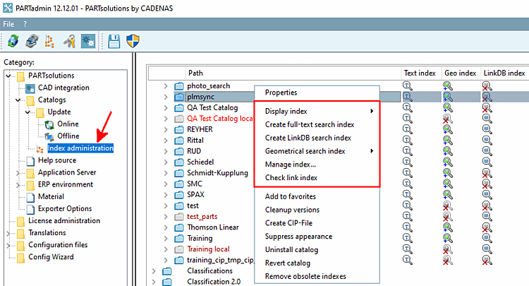 PARTADMIN -> Gestione indici [Index administration] -> Comandi del menu contestuale sul catalogo creato
