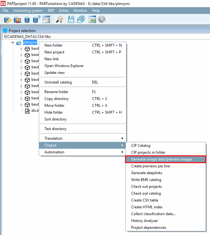 PARTproject -> Comando del menu contestuale "Output [Output]" -> "Genera dati immagine/anteprime immagini [Generate image data/preview images]".