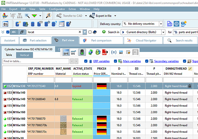 Colori di sfondo per le colonne ERP/PDM in PARTdataManager
