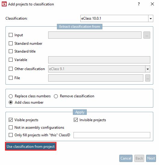 Adottare la classificazione del progetto [Use classification from project]