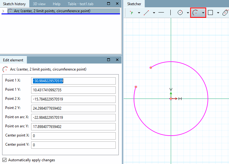Arco su punto centrale, punto sulla circonferenza e 2 punti limite [Arc (center, 2 limit points, circumference point)]: Risultato
