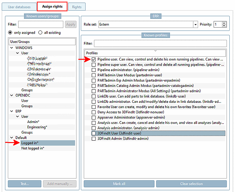 Pagina della scheda "Assegnazione dei diritti [Assign rights]"(solo assegnati [only assigned] )