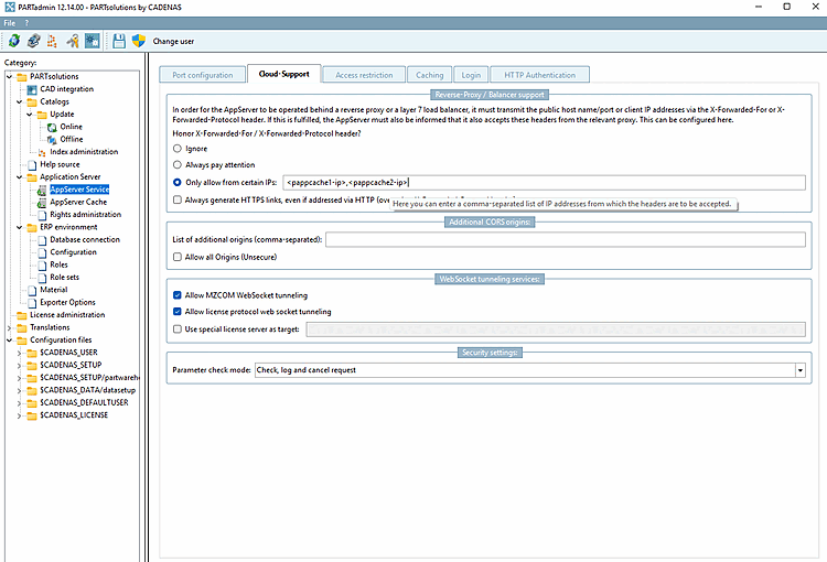 Vista "AppServer Service" di PARTadmin
con la scheda "Cloud-Support": supporto per proxy inverso e
bilanciatore di carico con l'opzione "Consenti solo da determinati IP"
per gli indirizzi IP del server cache e l’intervallo
di origini CORS aggiuntive.