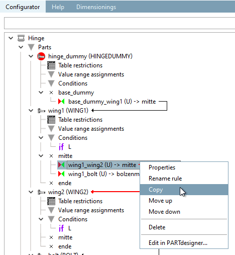 Copia regola nel menu contestuale del punto di connessione