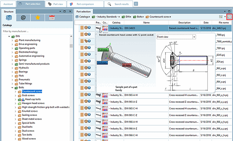 Esempio: tooltip 3D [3D Tooltip] + informazioni tecniche [Technical details] in modalità "Dettagli [Details]".