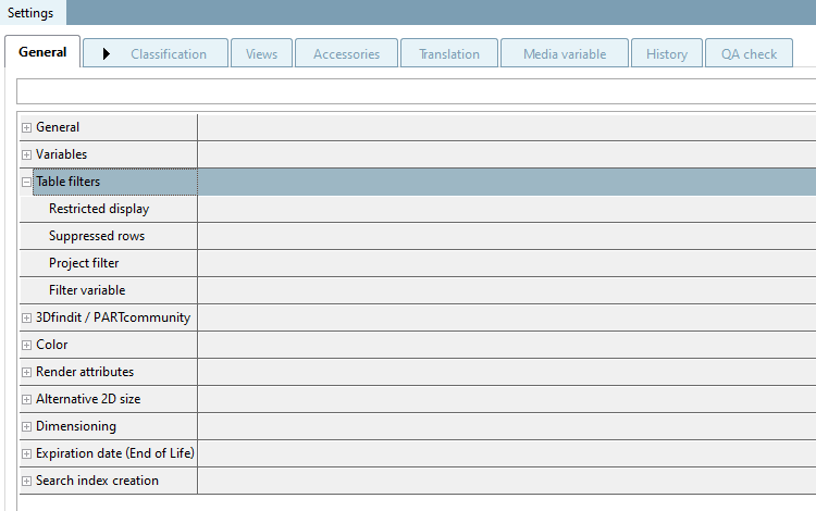 Pagina della scheda "Impostazioni" [Settings] > pagina della scheda "Generale [General]" > voce di menu "Filtro tabella [Table filters]".