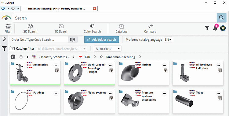 3Dfindit con struttura di directory e selezione delle parti per l'esportazione in CAD