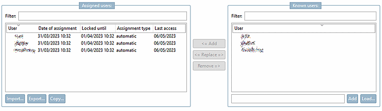 "Utenti assegnati [Assigned users]" e "Utenti conosciuti [Known users]": periodo di blocco, nell'esempio con assegnazione automatica, 1 giorno.