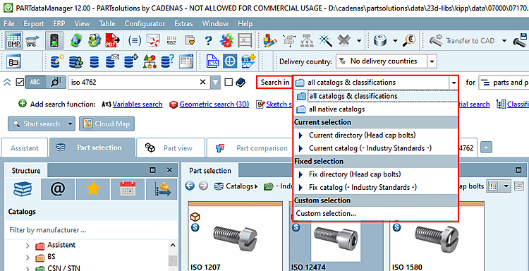 Cerca in. [Search in...]..: Nel campo dell'elenco ampliato sono disponibili varie opzioni. La directory indicata tra parentesi per alcune opzioni corrisponde alla directory attualmente selezionata nell'albero delle directory.