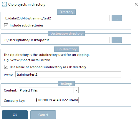 Finestra di dialogo: Cipping dei progetti nella directory [Cip projects in directory]