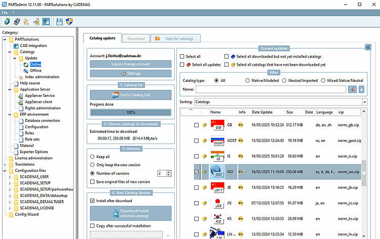 PARTADMIN con la pagina di dialogo "Aggiornamento catalogo [Catalog update]" -> "Online [Online]".
