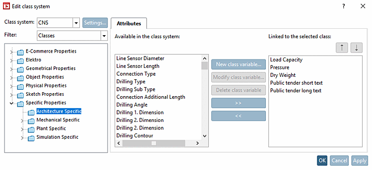 Sistema di classi [Class system]: CNS -> Filtro [Filter]: Classi [Classes] -> Proprietà specifiche -> Specifiche dell'architettura -> Testo breve dell'appalto pubblico e Testo lungo dell'appalto pubblico