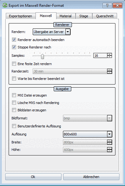 Pagina di dialogo "Esportazione in formato Maxwell Render - trasferimento al server".