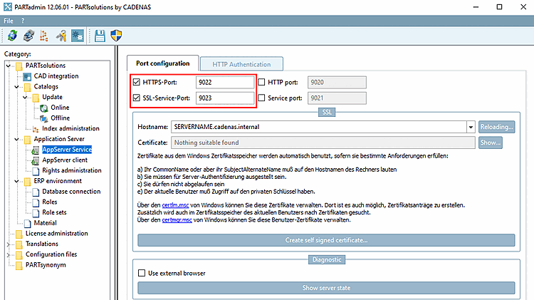 Servizio AppServer [AppServer Service] -> Configurazione porte [Port configuration] -> Porta HTTPS [HTTPS-Port]