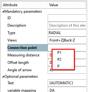 Selezione del punto di connessione [Connection point] nel menu contestuale