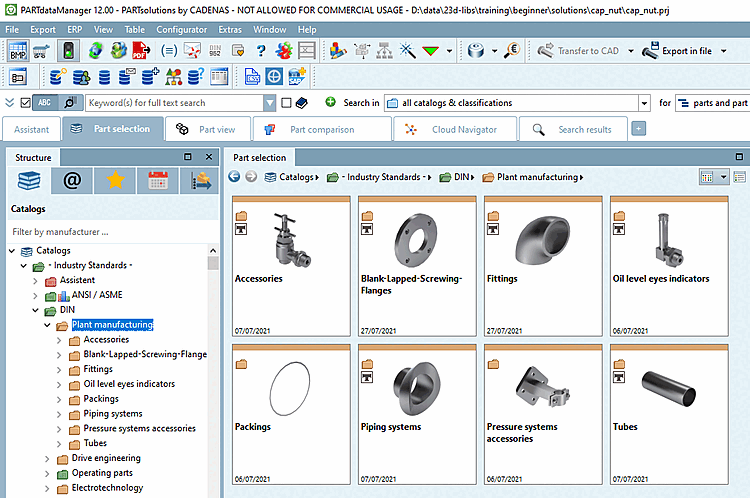PARTdataManager con struttura di directory e selezione delle parti per l'esportazione in CAD